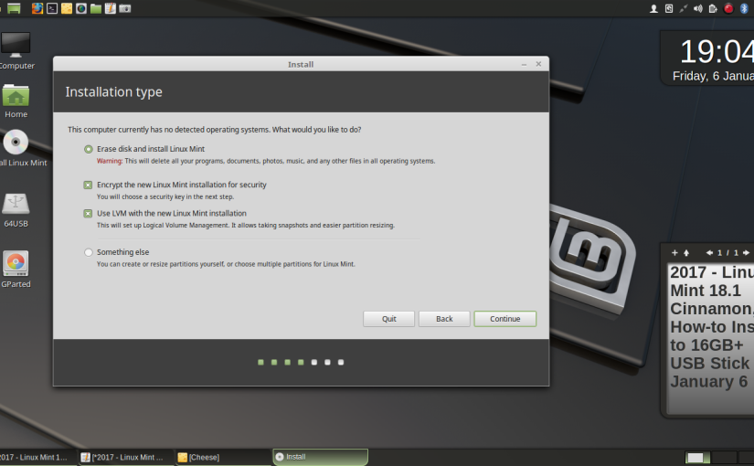 2017 – Linux Mint 18.1 Cinnamon, How-to Install to 16GB+ USB Stick (Encrypted) – January 6